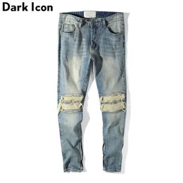 Dark Icon Pleated Knee Regular Hip Hop Jeans Men High Street Motorcycle Ankle Length Men's Denim Pants Full 211111