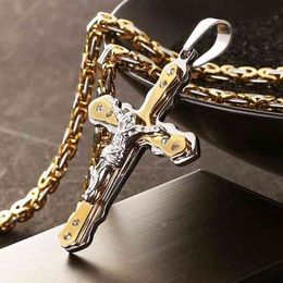 Jesus Cross Rhinestone Inlaid Pendant Necklace Men Religious Faith Jewellery G1206