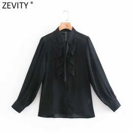 Zevity Women Fashion Pleated Sleeve Patchwork Black Smock Blouse Office Lady Ruffles Chiffon Shirts Chic Blusas Tops LS7687 210603