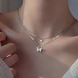 Korean Silver Plated Shiny Butterfly Necklace Ladies Exquisite Double Layer Clavicle Chain Necklace Jewellery Gift