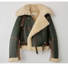 2 colours army green Women ACE genuine leather jacket with Merino wool fur lining lapel neck long sleeve ykk zipper short style