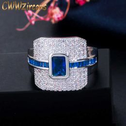Chic Dark Blue Cubic Zircon Ladies Big Engagement Cocktail Party Rings American Bridal Wedding Band Jewelry R147 210714
