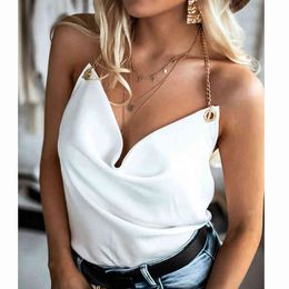 Chic Solid Blue Party Club Tank Tops Shirts Chain Halter Sleeveless Deep V-Neck Tanks Tops 2021 Satin Glossy Summer Sexy Camis Y220304