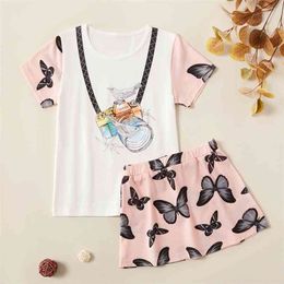 Summer 2 pcs Kid Girl Short-sleeve Cotton Animal top+skirt Skirt suit 210528