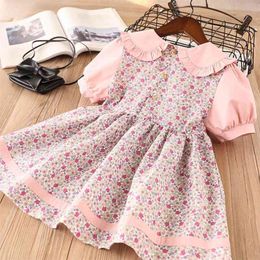 Summer Girls' Dress Floral Lapel Cotton Short Sleeve Pleated Party Princess Children's Kids Girls Clothing 210625