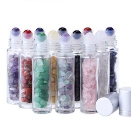 10ML Natural Gemstone Essential Oil Roller Ball Bottles Clear Perfumes Oil Liquids Roll On Bottles With Crystal Chips 10 Colors RRA4176