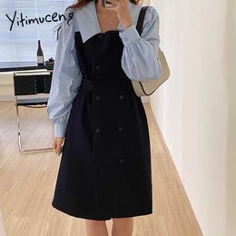 Yitimuceng Fake 2 Pieces Dresses Women Patchwork Office Lady Button Dress Korean Fashion High Waist White Blue Spring 210601