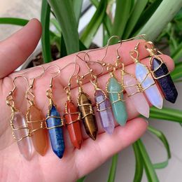 Wire Wrap Natural Stone Charms Drop Earrings Bullet Hexagonal Amethysts Lapis Purple Quartz Pink Crystal Earring Chakra Pendulum Jewellery