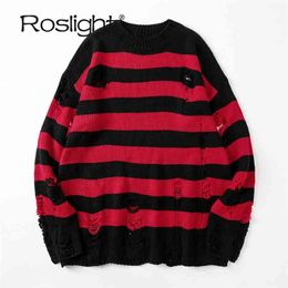 Black Striped Sweater Ripped Men Pullover Hollow Out Hole Knit Jumpers Punk Unisex Loose Oversized Pullovers Streetwear 210918