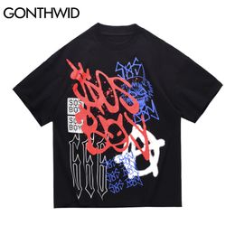 GONTHWID T-Shirts Streetwear Graffiti Punk Rock Gothic Tshirts Hip Hop Harajuku Short Sleeve Tees Mens Casual Cotton Loose Tops C0315