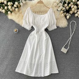 Women White Embroidered Dress Summer Vintage Beading Short Puff Sleeve High Waist Casual Vestidos Ladies Elegant Slim Robe 2021 Y0603