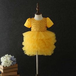Retail Little Baby Short Sleeve Flower Dress Sequins Plaid Performance Wedding Dresses Kids Clothing E19030 210610