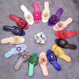 Colourful Lace Crystal Flower Slippers Woman Summer Slip on Peep toe Flat Shoes Women Slides Ladies Gem Rhinestone Beach Sandalias