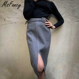 Winter Fashion Woolen Skirt Women Elegant High Waist Front Split Midi Skirt With Belt Official Ladies Outfit 2810 210604