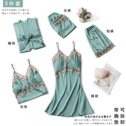 Spring Autumn Women Sexy Pyjamas Sets Silk 5Pcs Nightwear Thin Night Suit Satin Sleepwear Female Sleep Lounge with Chest Pads Q0706