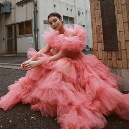 Puffy Water Melon Tulle prom Dresses 2021 Sheer Long Sleeves Tiered Skirt Ruffles A-Line Special Occasion Dress Floor Length Formal Evening Gowns