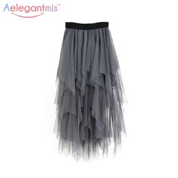 Aelegantmis Fashion High Waist Long Tulle Skirt Women Irregular Hem Mesh Tutu Summer Beach Ball Gown Ladies 210607