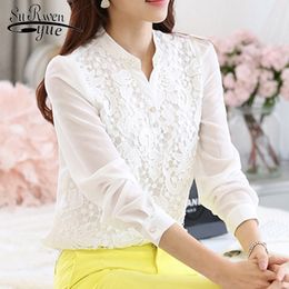 fashion High quality Lace Blouse Beading chiffon blouse women shirt Long Sleeve Chiffon Shirt Plus Size women Clothing T200321