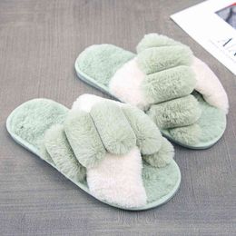 Winter Women House Slippers Faux Fur Warm Flat Shoes Female Slip on Home Furry Ladies Slippers Size 36-43 Wholesale Y1206