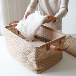 Storage Baskets Jute Woven Storag Basket Foldable Clothes Organiser With Handle Closet Organzier Washable Home Organizser