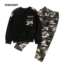 TANGUOANT Casual Boys And Girls Clothes Set Camouflage Uniform Kids Outfit Clothing Set Children Long Sleeve Cotton Hoodie+Pants 211021