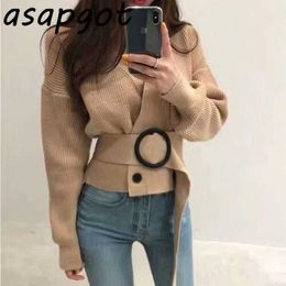 Loose Puff Full V Neck Adjustable Waist Pullovers Sweater Women Fashion Lace Up Retro Elegant Sexy Knitted Tops Jumpers Clothing 210610