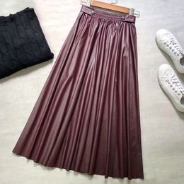 2021 Autumn& Winter New Women Simple Solid Elastic Waist Thin Pu Leather Skirt With Large A-line Long Skirt Women Free Shipping 210309