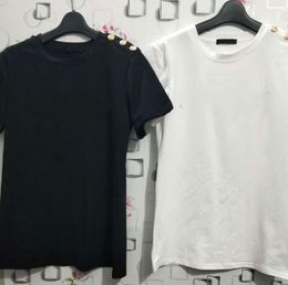 2021 Fashion Women Shoulder With Gold Buckle Tops Short-sleeved Handmade Hot Diamond T-shirt Female Summer Tops Black White