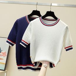 Women's T-Shirt Knitted T Shirt Short Sleeve O Neck Women Tshirt Korean Fashion White Thin Summer Knit Femme Tee Tops Woman Tshirts