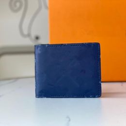 Genuine Leather Mens Wallets Card Holder Pocket Blue Embossed Men Short Clutch Bags Brand Designer Women Coin Purses Multi-Card Position Female Purse Wallet