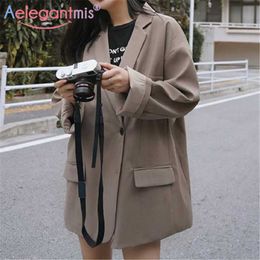 Aelegantmis Oversized Casual Spring Office Lady Brown Blazer Women Loose All Match Female Jacket OL Pockets 210607