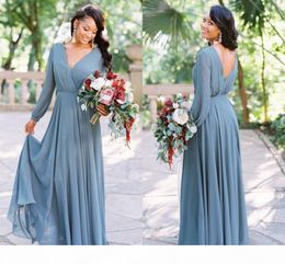 2021 Simple Bridesmaid Dresses Long Sleeves V Neck Chiffon Floor Length Beach Wedding Maid of Honor Gown Custom Made Plus Size Vestidos