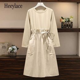 Women Autumn Plus Size Loose Patchwork T Shirt Dress O-neck Long Sleeve Casual Korea Slim Pocket Bandage Midi Elegant Vestidos Y1006