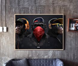 Three Gorilla Monkey Headphone Animal Canvas Painting Living Room Modern Home Decor (Unframed) Painting free shipping