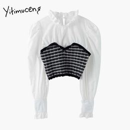 Yitimuceng Fake 2 Pieces Blouse Women Folds Plaid Shirts Long Sleeve Half High Collar Spring Summer French Fashion Tops 210601