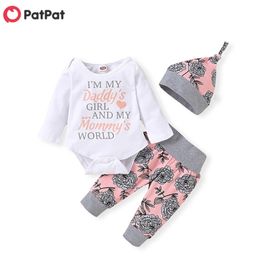 4-piece Baby Girl Floral Print Long-sleeve Bodysuit and Pants with Hat Headb Set 210528