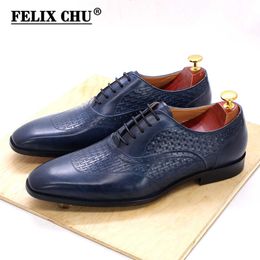 FELIX CHU Luxury Italian Men Oxford Shoes Genuine Leather Blue Black Wedding Lace-Up Office Business Party Suit Men's Dress Shoe 210624
