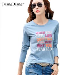 Autumn Winter Casual Cotton T-shirt Women Letter Print O-neck Long Sleeve Tee shirt Femme Blue Black White comfortable Tops 210311