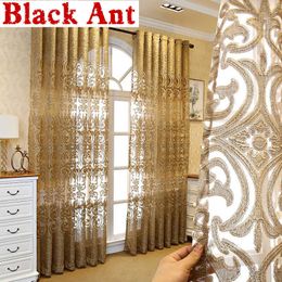 High-end Luxury European Embroidered Curtain Window Screen Tulle Living Room Bedroom Villa Golden Finished Drapes ZH431F 210712