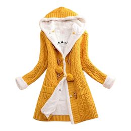 Lady Winter Hooded Fleece Liner Cardigan Knitted Sweater Coat Women Thick Warm Long Sleeve Knit Weave Long Jacket Tops 211106