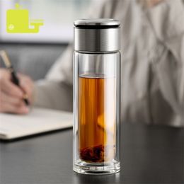 oneisall Portable Office Double-Wall Glass Tea Bottle With Stainless Steel Filter Water Anti-Scalding Business Mug 211122