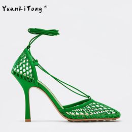 2021 Women Sandals Square Toe Back Cover Net Design Lace-UP High Heels Thin Heels Shoes Women