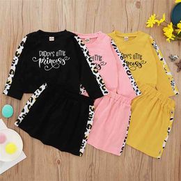Summer Children Sets Casual Long Sleeve Letter T-shirt Patchwork Leopard Skirt Cute 2Pcs Girls Boys Clothes 0-3T 210629