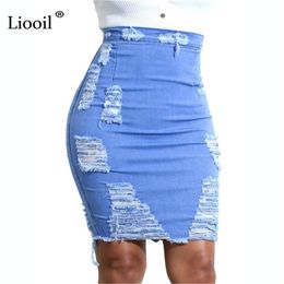 Liooil Womens Blue Jean High Waist Pencil Skirt With Hole Streetwear Wash Distressed Zip Up Sexy Bodycon Ripped Mini Skirts 210310