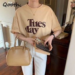Qooth Summer Letter Printed Short Sleeve T-shirt O-neck Solid All Match Causal Shirt Simple Design Straight Cotton Tops QT749 210609