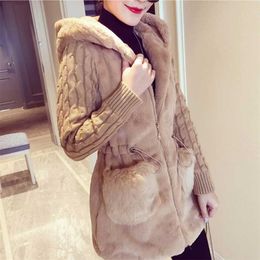 Women Winter Jacket Hooded Coat Furry Faux Fur Knit Sweater Jacket Warm Outerwear Coat Ladies Casual Coats jaqueta 211109