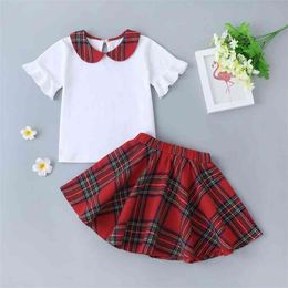 Summer Children Sets Casual Girls Short Sleeve Turn-down Collar White T-shirt Red Plaid Skirt Clothes 18M-6T 210629