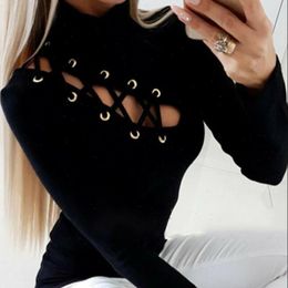 Women Sexy T Shirts Hollow Out Slim Fit Long Sleeve Fashion Evening Party Club Wear Casual Round Neck T-shirt Tops