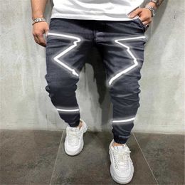2021 Новые весенние и летние мужские джинсы личности Светоотражающие хип-хоп Европа и Соединенные Штаты Высокие уличные штаны Большой размер X0621
