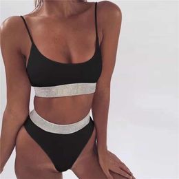 Silver Rhinestones Bikini Set Sexy Spaghetti Strap Bra Elastic Panty Swimsuit Swimwear Women Summer Beach Bathing Suit 210714